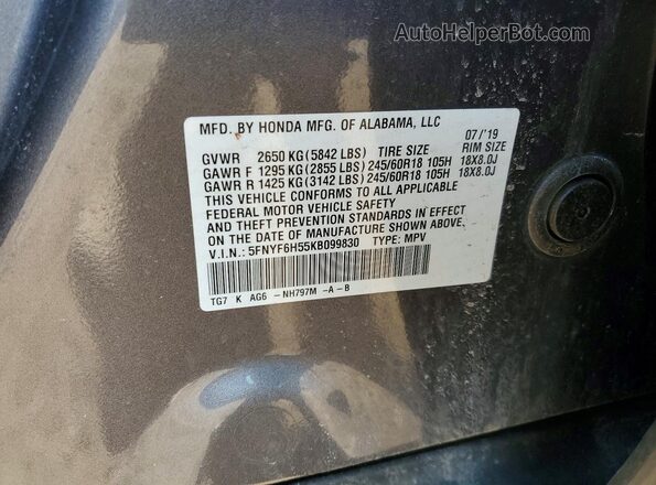 5FNYF6H55KB099830 2019 HONDA PILOT Gray VIN sticker view