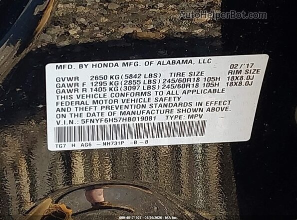 5FNYF6H57HB019081 2017 HONDA PILOT Черный Вид подкапотного пространства