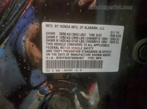 5FNYF6H57KB054937 2019 HONDA PILOT Черный Вид наклейки с VIN-кодом