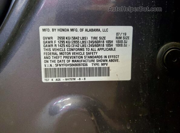 5FNYF6H58KB097036 2019 HONDA PILOT Серый Панорамный вид салона 360°