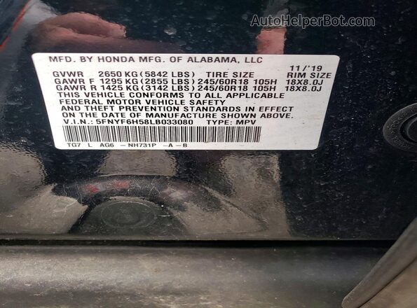 5FNYF6H58LB033080 2020 HONDA PILOT Black VIN կոդի պիտակի տեսք