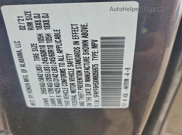 5FNYF6H5XMB056975 2021 HONDA PILOT Серый Вид наклейки с VIN-кодом