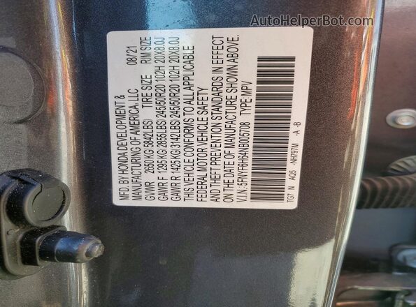 5FNYF6H64NB005708 2022 HONDA PILOT Gray Widok naklejki z numerem VIN