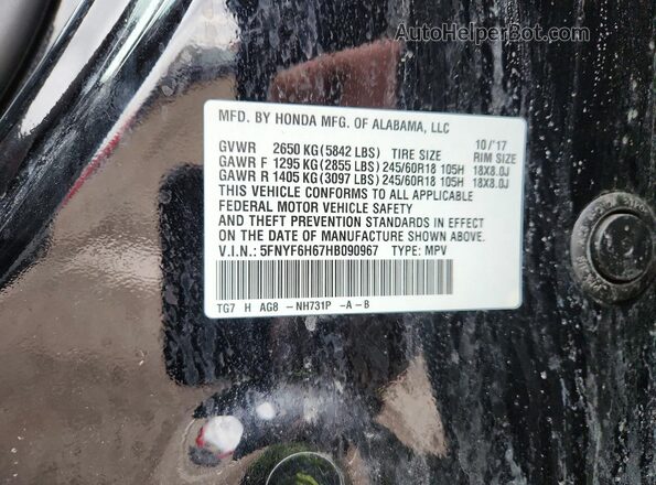 5FNYF6H67HB090967 2017 HONDA PILOT Черный Вид наклейки с VIN-кодом