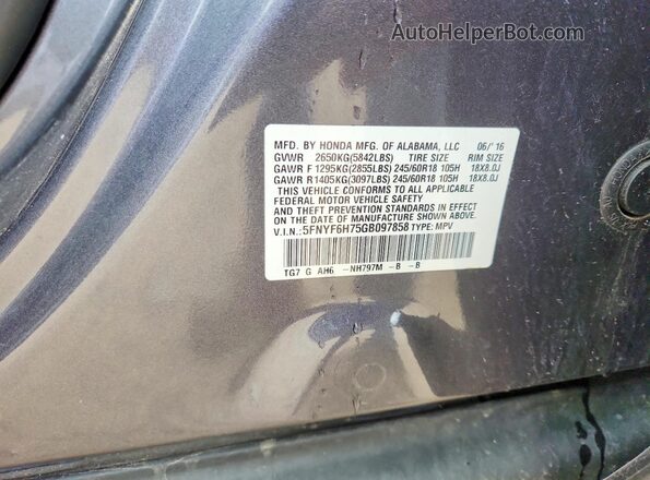 5FNYF6H75GB097858 2016 HONDA PILOT Gray Widok komory silnika