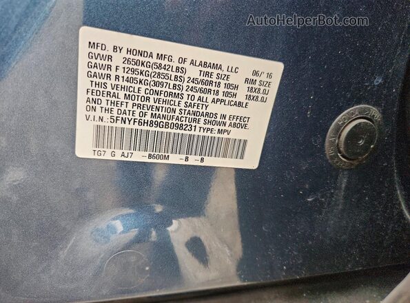 5FNYF6H89GB098231 2016 HONDA PILOT Blue Vista de la etiqueta del VIN