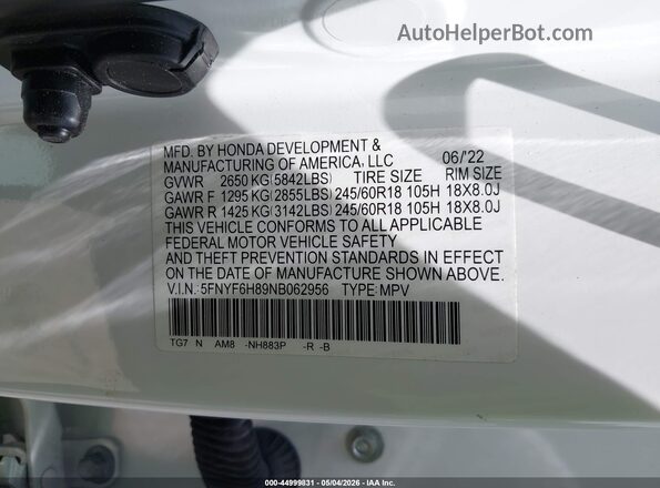 5FNYF6H89NB062956 2022 HONDA PILOT Белый Вид подкапотного пространства