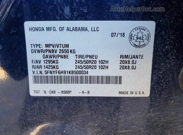 5FNYF6H91KB500034 2019 HONDA PILOT Синий Вид наклейки с VIN-кодом