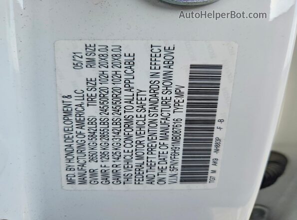 5FNYF6H91MB087616 2021 HONDA PILOT Белый Вид наклейки с VIN-кодом