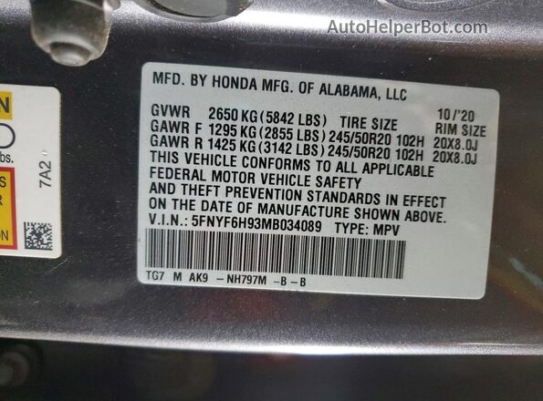 5FNYF6H93MB034089 2021 HONDA PILOT Gray Vista de la etiqueta del VIN