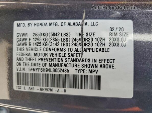 5FNYF6H94LB052485 2020 HONDA PILOT Угольный Вид наклейки с VIN-кодом