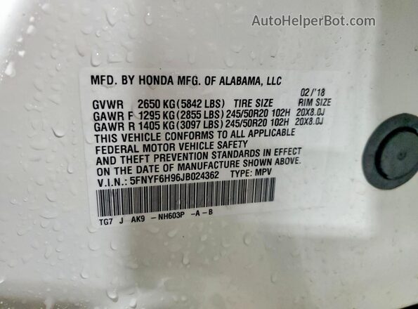 5FNYF6H96JB024362 2018 HONDA PILOT Белый Вид подкапотного пространства