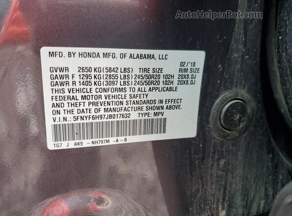 5FNYF6H97JB017632 2018 HONDA PILOT Белый Вид наклейки с VIN-кодом