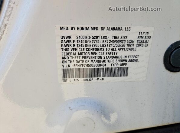 5FNYF7H50LB000404 2020 HONDA PASSPORT White Widok naklejki z numerem VIN