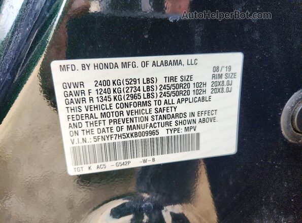 5FNYF7H5XKB009965 2019 HONDA PASSPORT Green Widok naklejki z numerem VIN