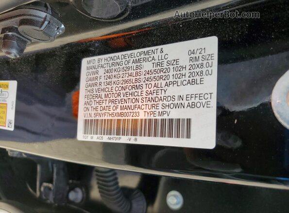 5FNYF7H5XMB007233 2021 HONDA PASSPORT Black Вид підкапотного простору