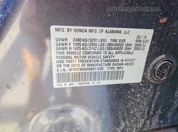 5FNYF8H0XKB011208 2019 HONDA PASSPORT Серый Вид подкапотного пространства