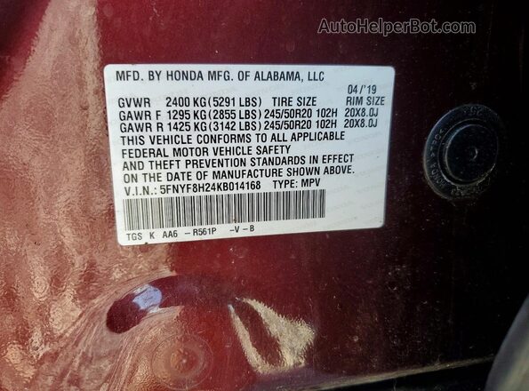 5FNYF8H24KB014168 2019 HONDA PASSPORT Burgundy VIN კოდის სტიკერის ხედი