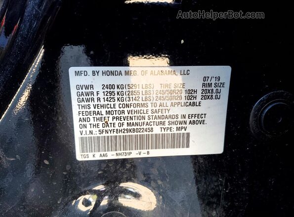 5FNYF8H29KB022458 2019 HONDA PASSPORT Черный Вид наклейки с VIN-кодом