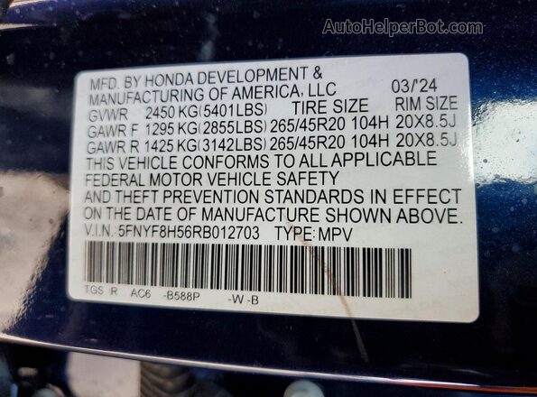 5FNYF8H56RB012703 2024 HONDA PASSPORT Синий Вид наклейки с VIN-кодом