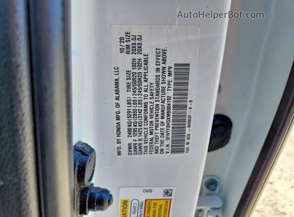 5FNYF8H5XMB004192 2021 HONDA PASSPORT White Widok wnętrza 360 stopni