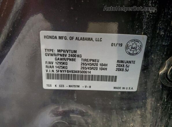 5FNYF8H93KB500614 2019 HONDA PASSPORT Gray VIN კოდის სტიკერის ხედი