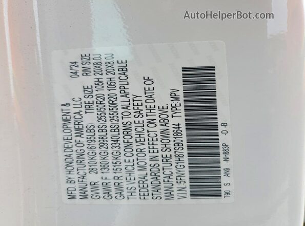 5FNYG1H87SB018644 2025 HONDA PILOT Белый Вид наклейки с VIN-кодом
