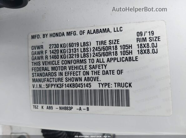 5FPYK3F14KB045145 2019 HONDA RIDGELINE White Widok komory silnika