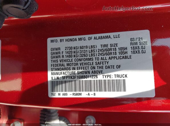 5FPYK3F16MB011226 2021 HONDA RIDGELINE Red Widok komory silnika