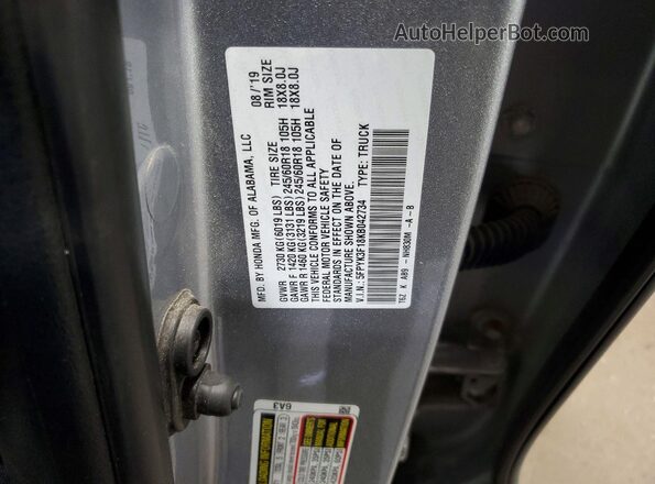 5FPYK3F18KB042734 2019 HONDA RIDGELINE Gray VIN კოდის სტიკერის ხედი
