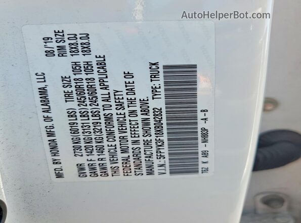 5FPYK3F18KB042832 2019 HONDA RIDGELINE Белый Вид подкапотного пространства