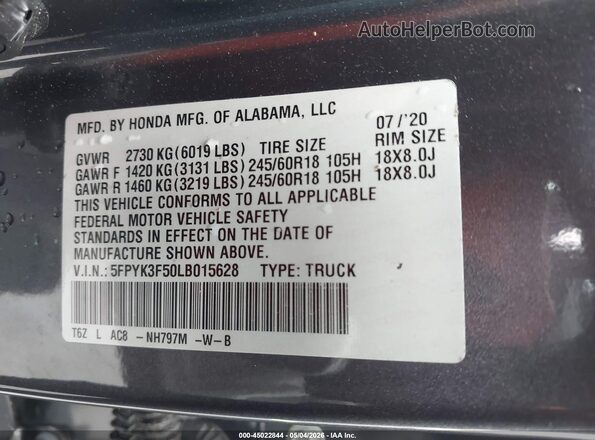 5FPYK3F50LB015628 2020 HONDA RIDGELINE Gray Vista del compartimento del motor
