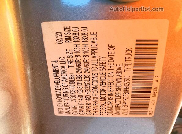 5FPYK3F50PB027610 2023 HONDA RIDGELINE Gray VIN sticker view