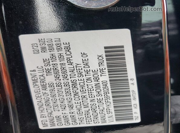 5FPYK3F56PB026400 2023 HONDA RIDGELINE Black VIN კოდის სტიკერის ხედი