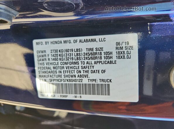 5FPYK3F57KB040122 2019 HONDA RIDGELINE Blue Vista del compartimento del motor
