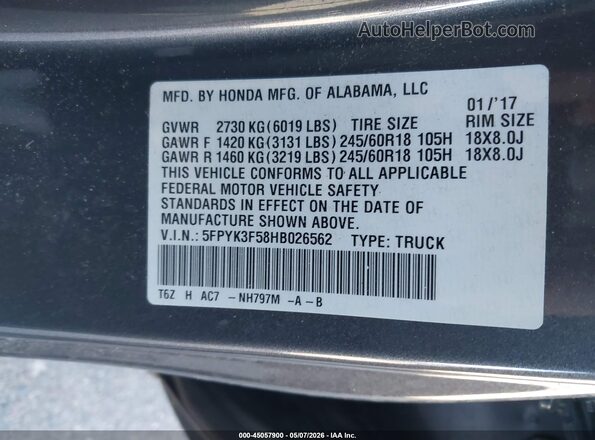 5FPYK3F58HB026562 2017 HONDA RIDGELINE Серый Вид подкапотного пространства