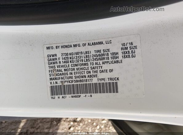 5FPYK3F59HB018177 2017 HONDA RIDGELINE Белый Вид подкапотного пространства