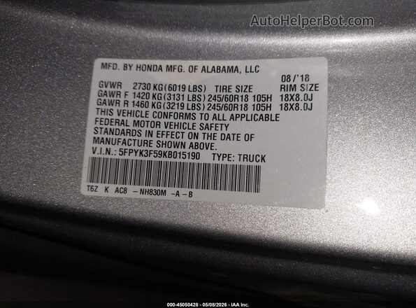5FPYK3F59KB015190 2019 HONDA RIDGELINE Gray ძრავის განყოფილების ხედი