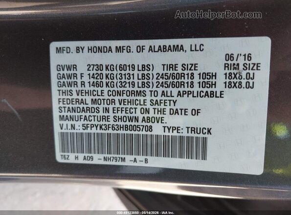 5FPYK3F63HB005708 2017 HONDA RIDGELINE Gray Вид підкапотного простору