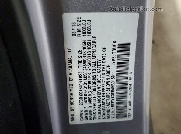 5FPYK3F64KB015011 2019 HONDA RIDGELINE Gray Engine compartment view