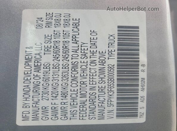 5FPYK3F65SB000582 2025 HONDA RIDGELINE Silver Widok naklejki z numerem VIN