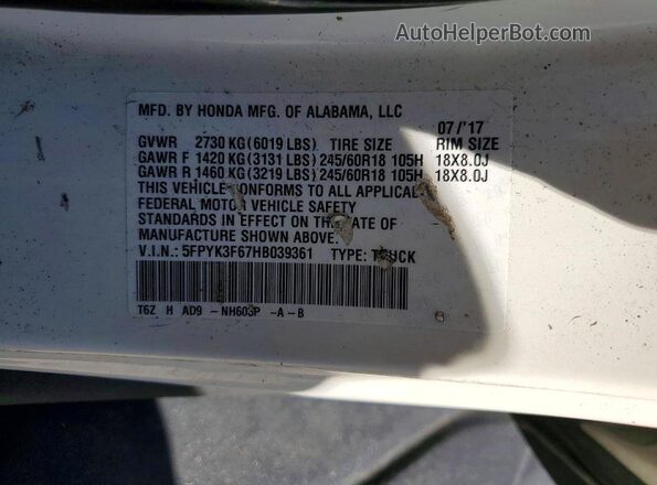5FPYK3F67HB039361 2017 HONDA RIDGELINE White Вид підкапотного простору