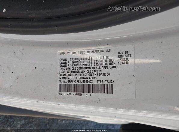 5FPYK3F6XJB016453 2018 HONDA RIDGELINE White Widok komory silnika