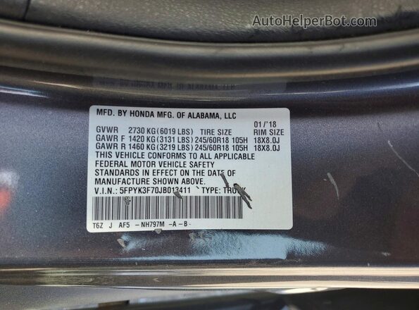 5FPYK3F70JB013411 2018 HONDA RIDGELINE Gray Vista del compartimento del motor