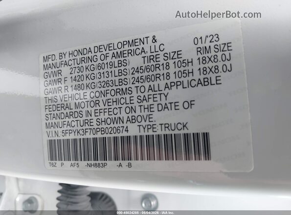5FPYK3F70PB020674 2023 HONDA RIDGELINE White ძრავის განყოფილების ხედი