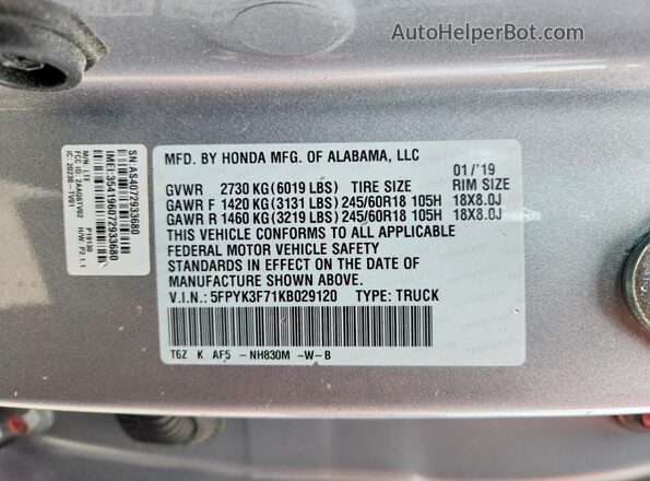 5FPYK3F71KB029120 2019 HONDA RIDGELINE Silver Vista del compartimento del motor