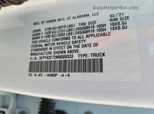 5FPYK3F72MB009333 2021 HONDA RIDGELINE White ძრავის განყოფილების ხედი