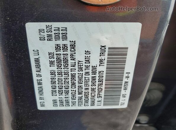 5FPYK3F76LB010175 2020 HONDA RIDGELINE Gray VIN კოდის სტიკერის ხედი