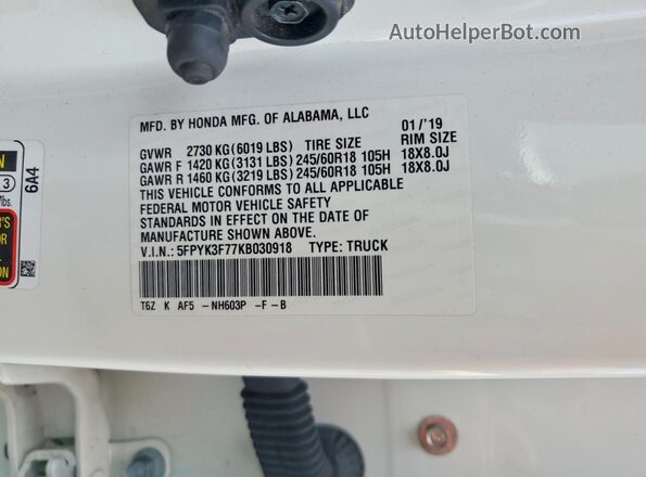 5FPYK3F77KB030918 2019 HONDA RIDGELINE White Вид підкапотного простору