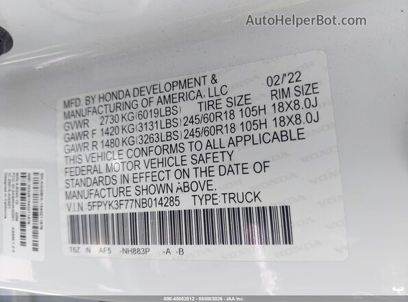 5FPYK3F77NB014285 2022 HONDA RIDGELINE White ძრავის განყოფილების ხედი